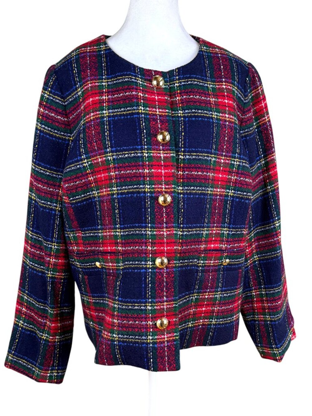 Talbots Plaid Lady Jacket Blazer Red Navy Gold Buttons Plus Cropped (14W)